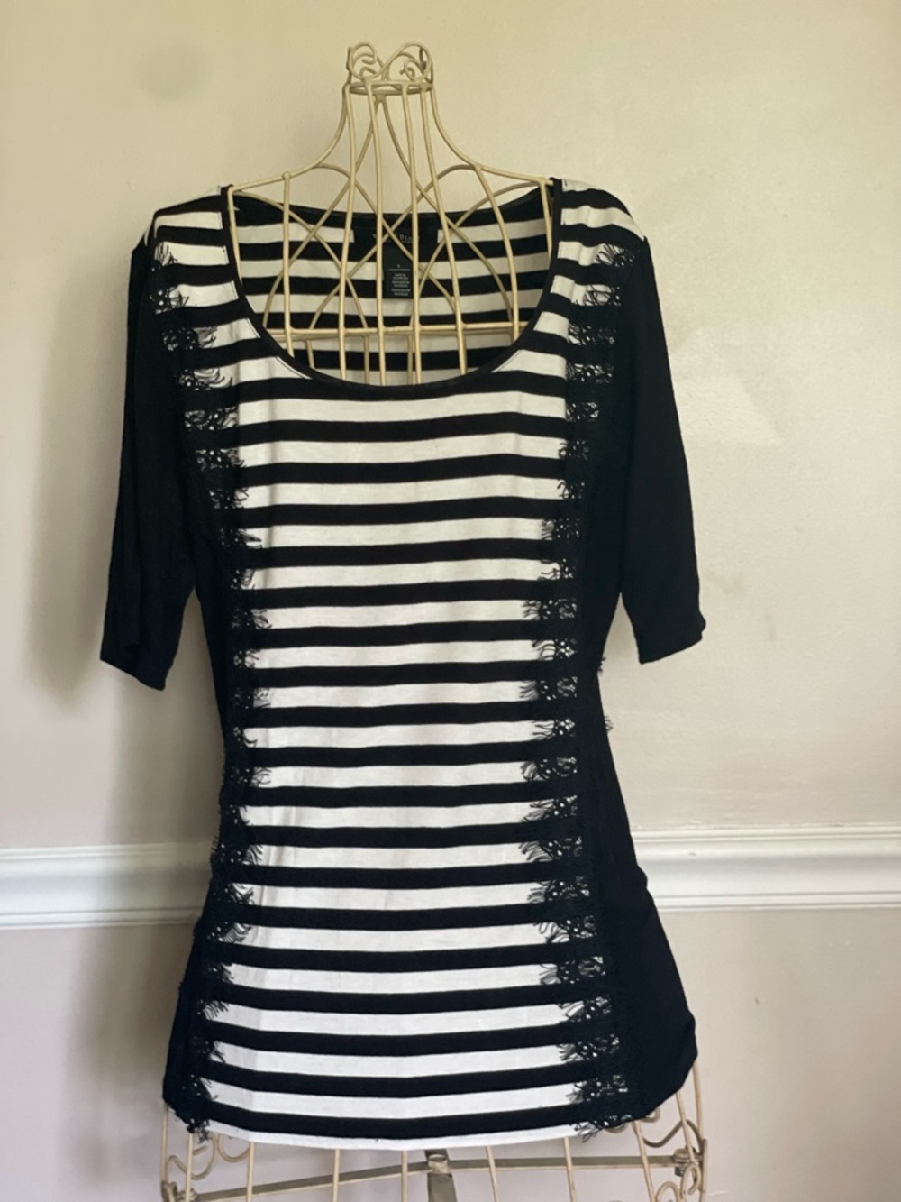 White House Black Market Striped Black & White Lace-Trim Tee